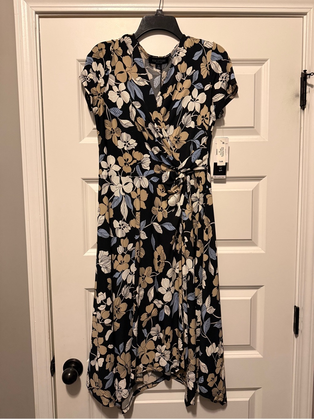 Perceptions Black Floral Wrap Midi Dress - Beige & Light Blue Flowers